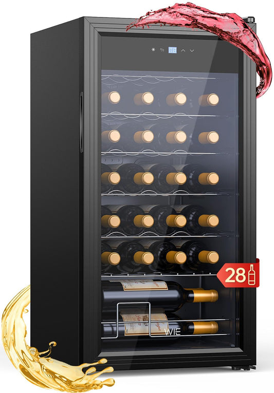 Vinoteca WIE 82L – Nevera para Vinos de 28 Botellas con Control Táctil, Protección UV, Iluminación LED y Temperatura Regulable 5–18 °C – Refrigerador Silencioso para Vino Tinto, Blanco y Cerveza – Negro