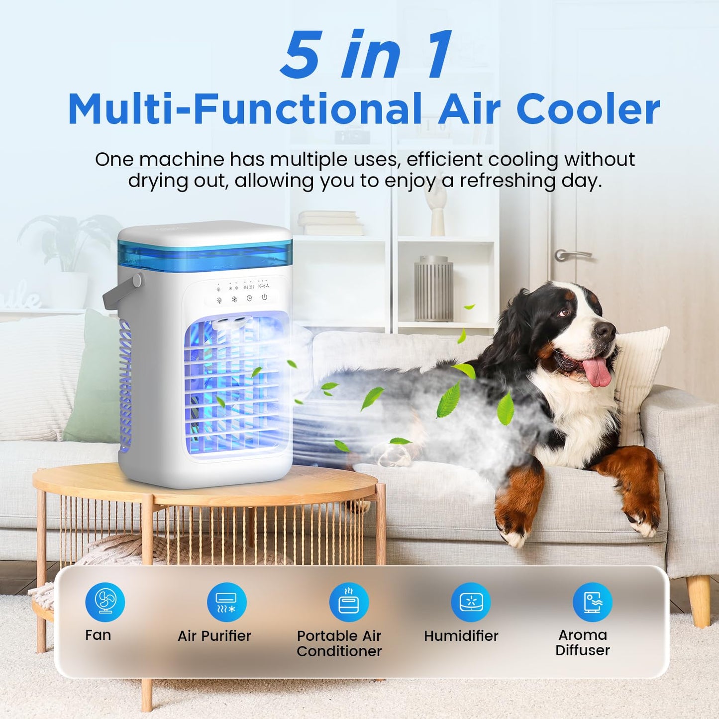 SWGOTA Mini Portable Air Conditioner – 5-in-1 Small Air Cooler with 1000ml Tank, 3 Speeds, Dual Mist Modes, 2-4 Hour Timer, 7 LED Lights, Fan Cooler for Bedroom and Office