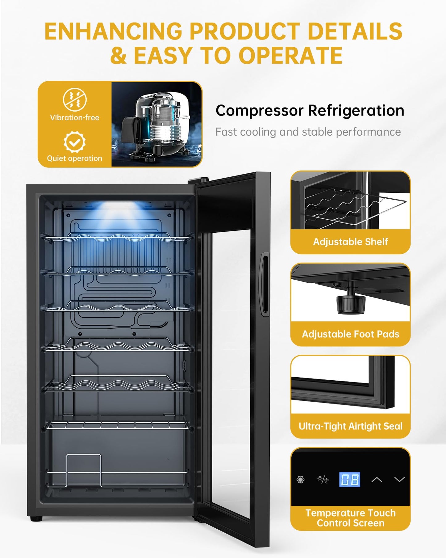 Vinoteca WIE 82L – Nevera para Vinos de 28 Botellas con Control Táctil, Protección UV, Iluminación LED y Temperatura Regulable 5–18 °C – Refrigerador Silencioso para Vino Tinto, Blanco y Cerveza – Negro