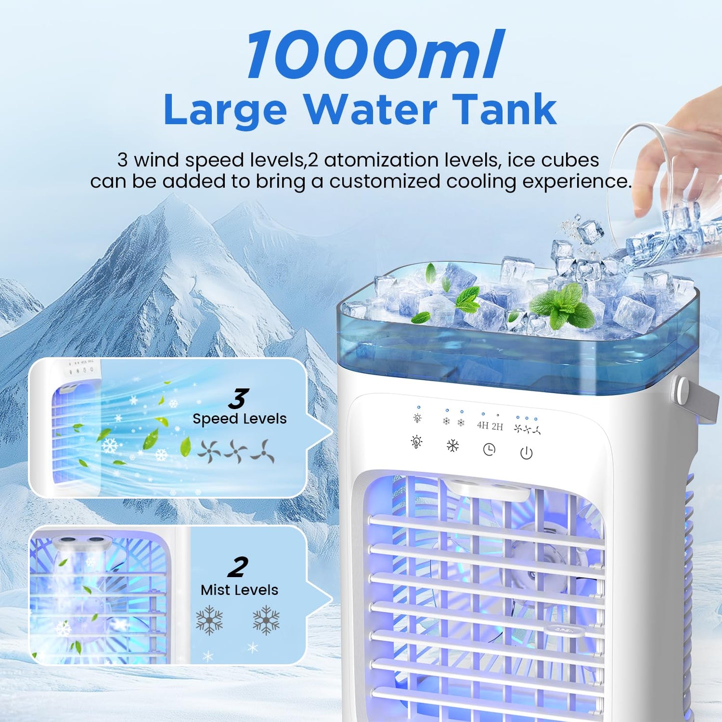 SWGOTA Mini Portable Air Conditioner – 5-in-1 Small Air Cooler with 1000ml Tank, 3 Speeds, Dual Mist Modes, 2-4 Hour Timer, 7 LED Lights, Fan Cooler for Bedroom and Office
