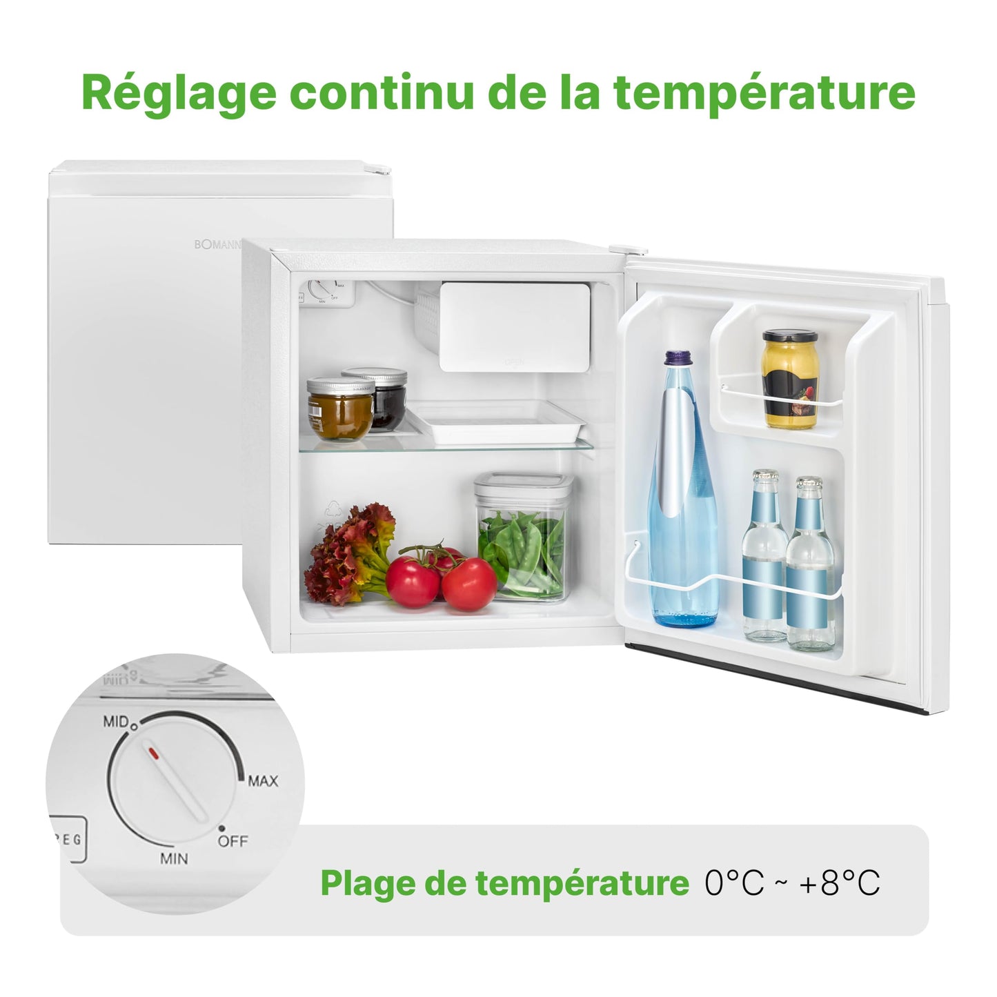 Mini Frigorífico Bomann KB7245 45L Blanco – Congelador 4L, Puerta Reversible, Silencioso, Regulador Temperatura, Clase E