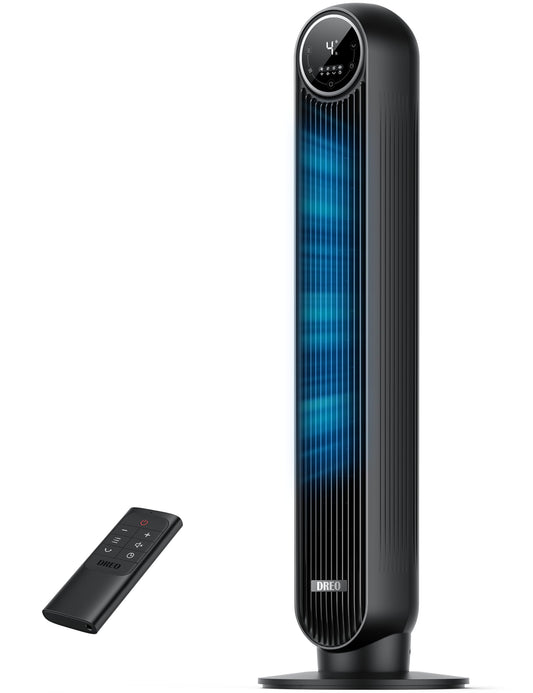 Dreo 20dB Ventilador de Pie Silencioso, Ventilador de Torre con Velocidad de 7,6 m/s, 4 Velocidades, Rotación de 90°, Temporizador de 8 Horas, Pantalla LED y Mando a Distancia Incluido, Negro