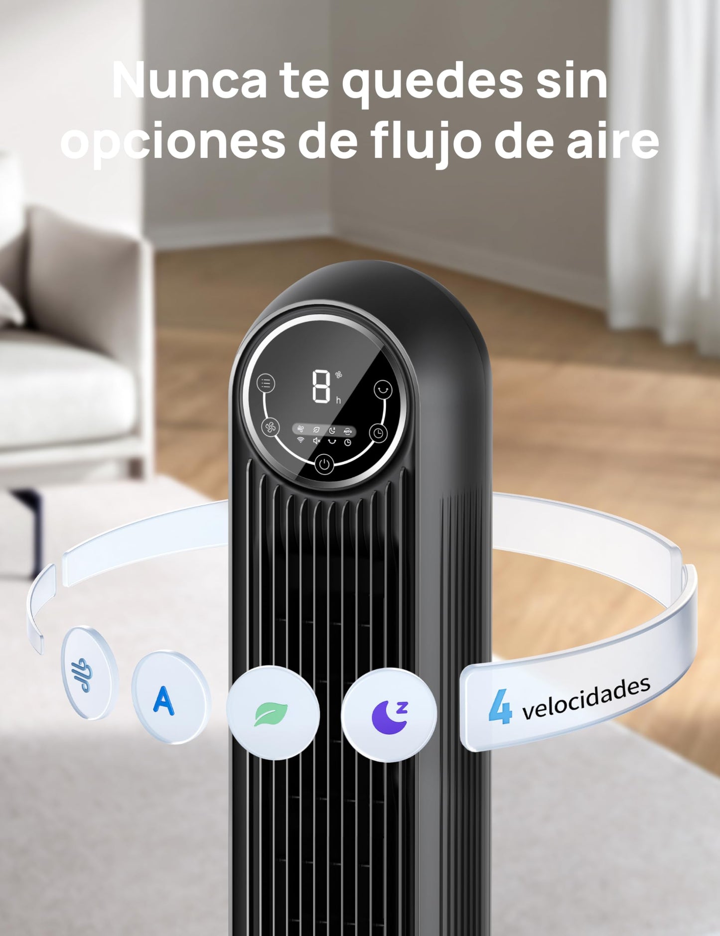 Dreo 20dB Ventilador de Pie Silencioso, Ventilador de Torre con Velocidad de 7,6 m/s, 4 Velocidades, Rotación de 90°, Temporizador de 8 Horas, Pantalla LED y Mando a Distancia Incluido, Negro