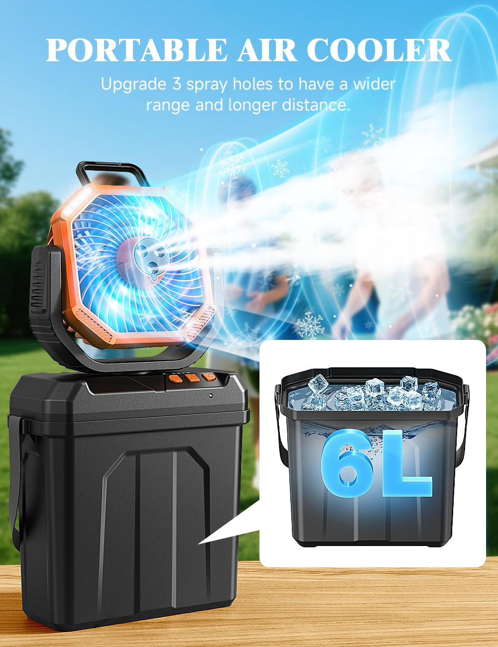 **Aire Acondicionado Portátil 5 en 1** – Enfriador de aire con tanque de agua de 6 L, batería recargable de 20.000 mAh vía USB, 4 velocidades de viento, oscilación automática y funcionamiento silencioso. Ideal para uso interior y exterior.