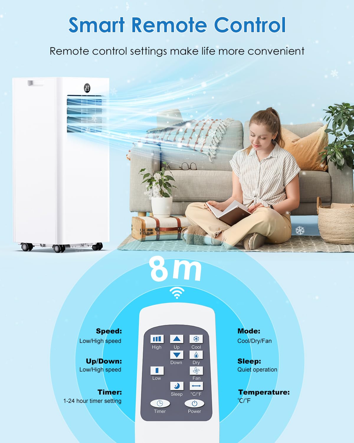 Portable Air Conditioner 7000 BTU – All-in-1 Cooling, Ventilation, Dehumidification, and Sleep Modes, Digital Display, Remote Control, 24-Hour Timer, with Exhaust Hose