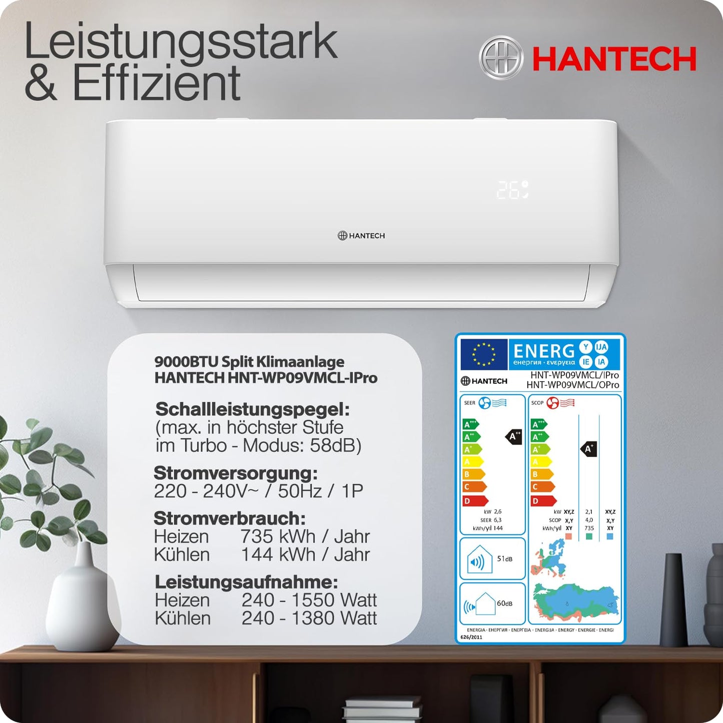 Split aire acondicionado 9000 BTU H-PRO con función de calefacción y refrigeración, filtro de aire, WIFI y material de montaje incluido