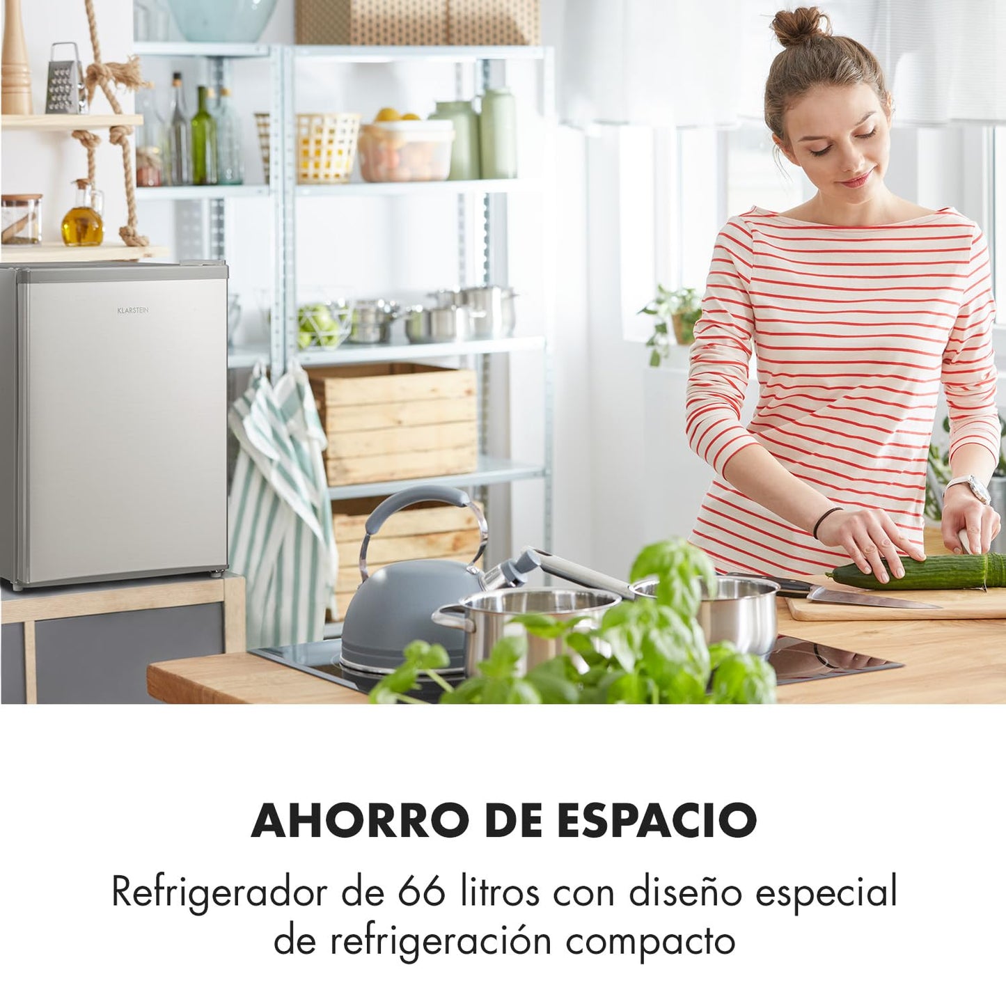 Klarstein Cool Kid – Mini Nevera Compacta de 66L con Congelador 4L, Bajo Consumo Clase E, Refrigerador Silencioso 42 dB, Acero Inoxidable Plateado