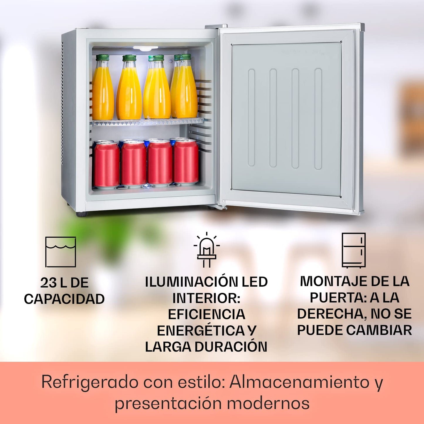 Mini Nevera Eléctrica KLARSTEIN 23 L – Frigorífico Compacto para Bebidas, Alimentos o Cosméticos – Bajo Consumo, Temperatura Regulable 5–15 °C, Motor Silencioso – Plata