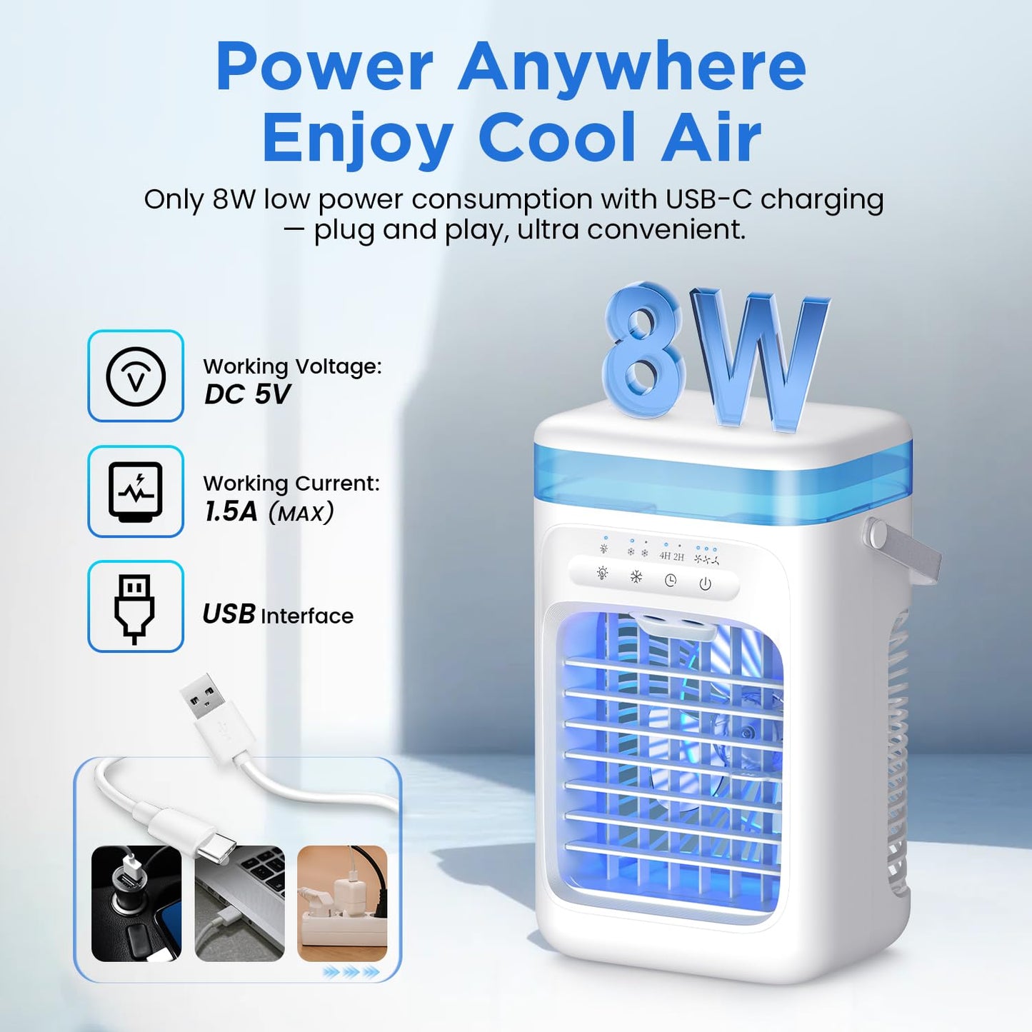 AIMIUVEI Mini Portable Air Conditioner 5-in-1 Air Cooler with 1000ml Tank, 3 Speeds, Dual Mist Modes, 2-4 Hour Timer, 7-Color LED Fan Cooler – Ideal for Bedroom and Office