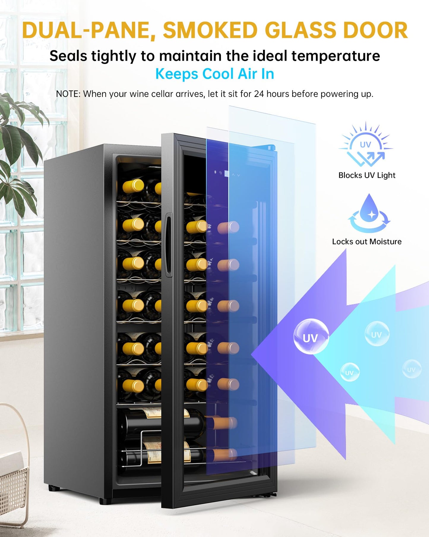Vinoteca WIE 82L – Nevera para Vinos de 28 Botellas con Control Táctil, Protección UV, Iluminación LED y Temperatura Regulable 5–18 °C – Refrigerador Silencioso para Vino Tinto, Blanco y Cerveza – Negro