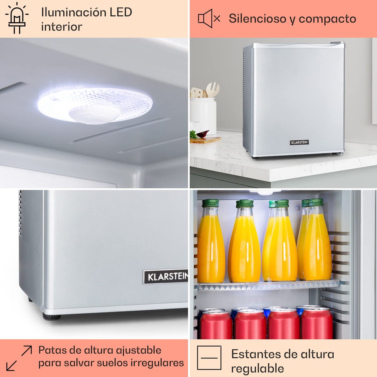 Mini Nevera Eléctrica KLARSTEIN 23 L – Frigorífico Compacto para Bebidas, Alimentos o Cosméticos – Bajo Consumo, Temperatura Regulable 5–15 °C, Motor Silencioso – Plata