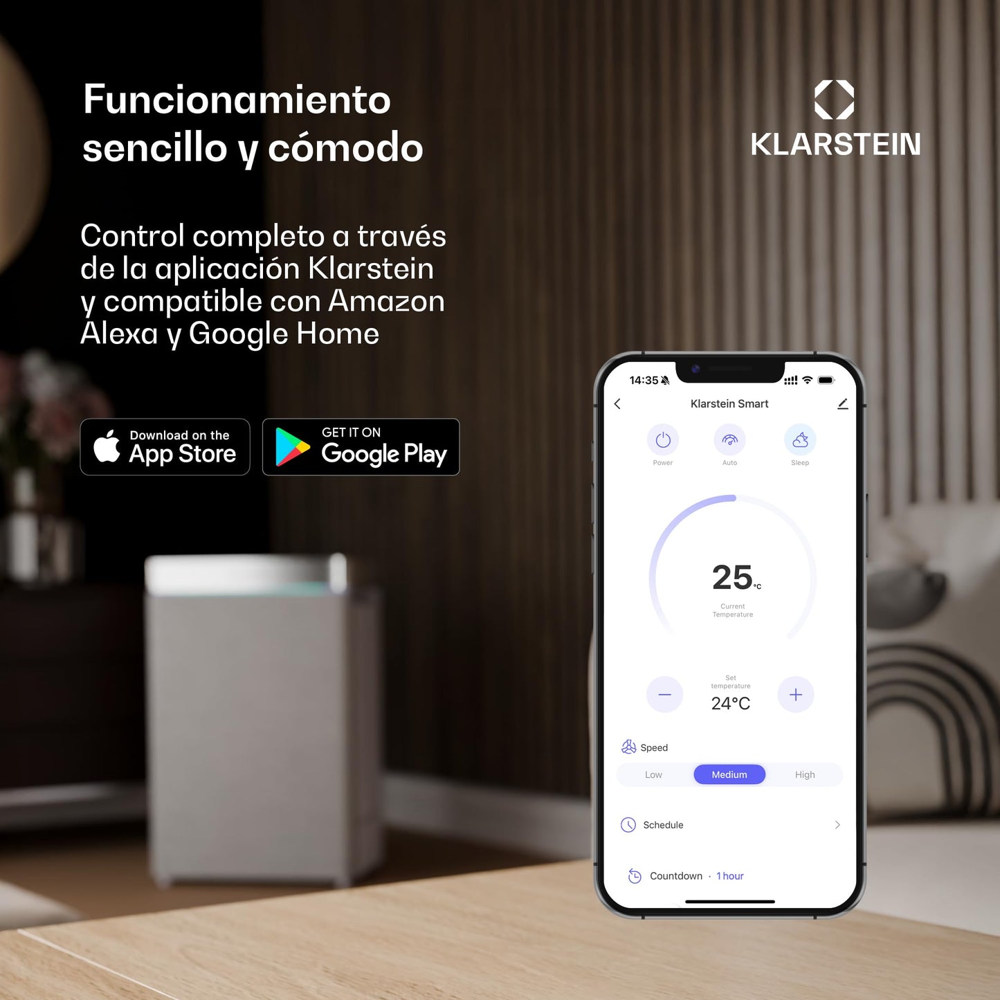 Klarstein Aire Acondicionado Portátil 3 en 1 – Silencioso y Eficiente, Enfriador de Aire con Modo Noche, Deshumidificador, Control por App, Bajo Consumo, Potencia 7,000 BTU, Ideal para Hogar y Oficina