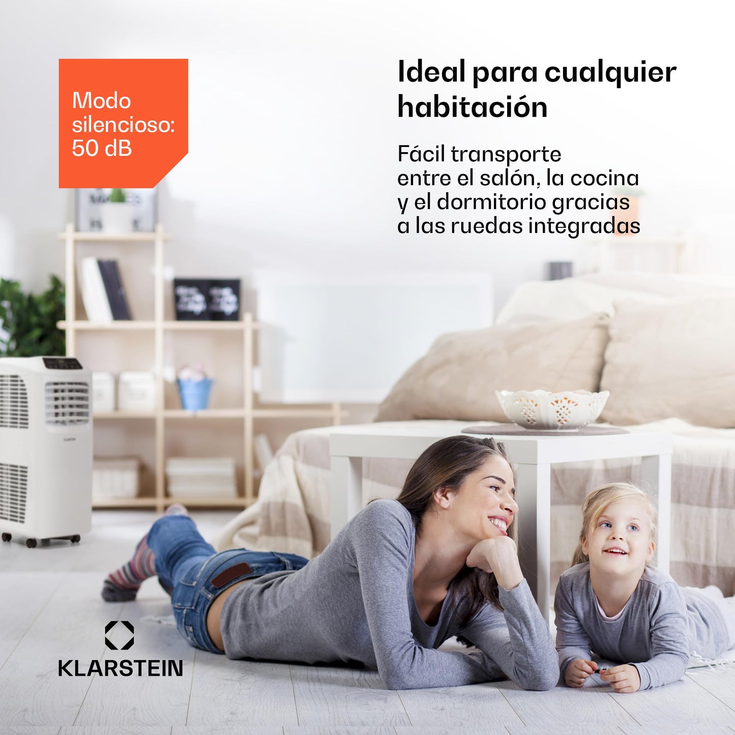 Klarstein Aire Acondicionado Portátil 3 en 1 – Silencioso y Eficiente, Enfriador de Aire con Modo Noche, Deshumidificador, Control por App, Bajo Consumo, Potencia 7,000 BTU, Ideal para Hogar y Oficina