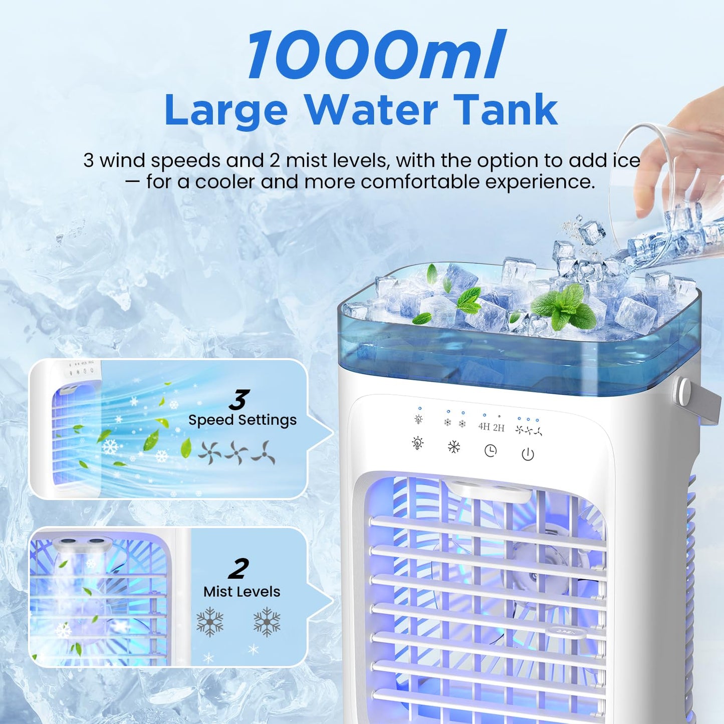 AIMIUVEI Mini Portable Air Conditioner 5-in-1 Air Cooler with 1000ml Tank, 3 Speeds, Dual Mist Modes, 2-4 Hour Timer, 7-Color LED Fan Cooler – Ideal for Bedroom and Office