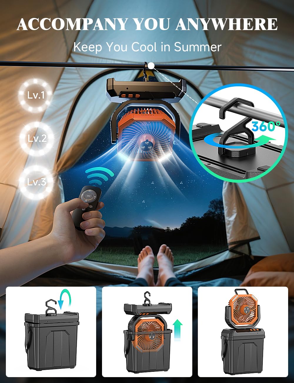 **Aire Acondicionado Portátil 5 en 1** – Enfriador de aire con tanque de agua de 6 L, batería recargable de 20.000 mAh vía USB, 4 velocidades de viento, oscilación automática y funcionamiento silencioso. Ideal para uso interior y exterior.