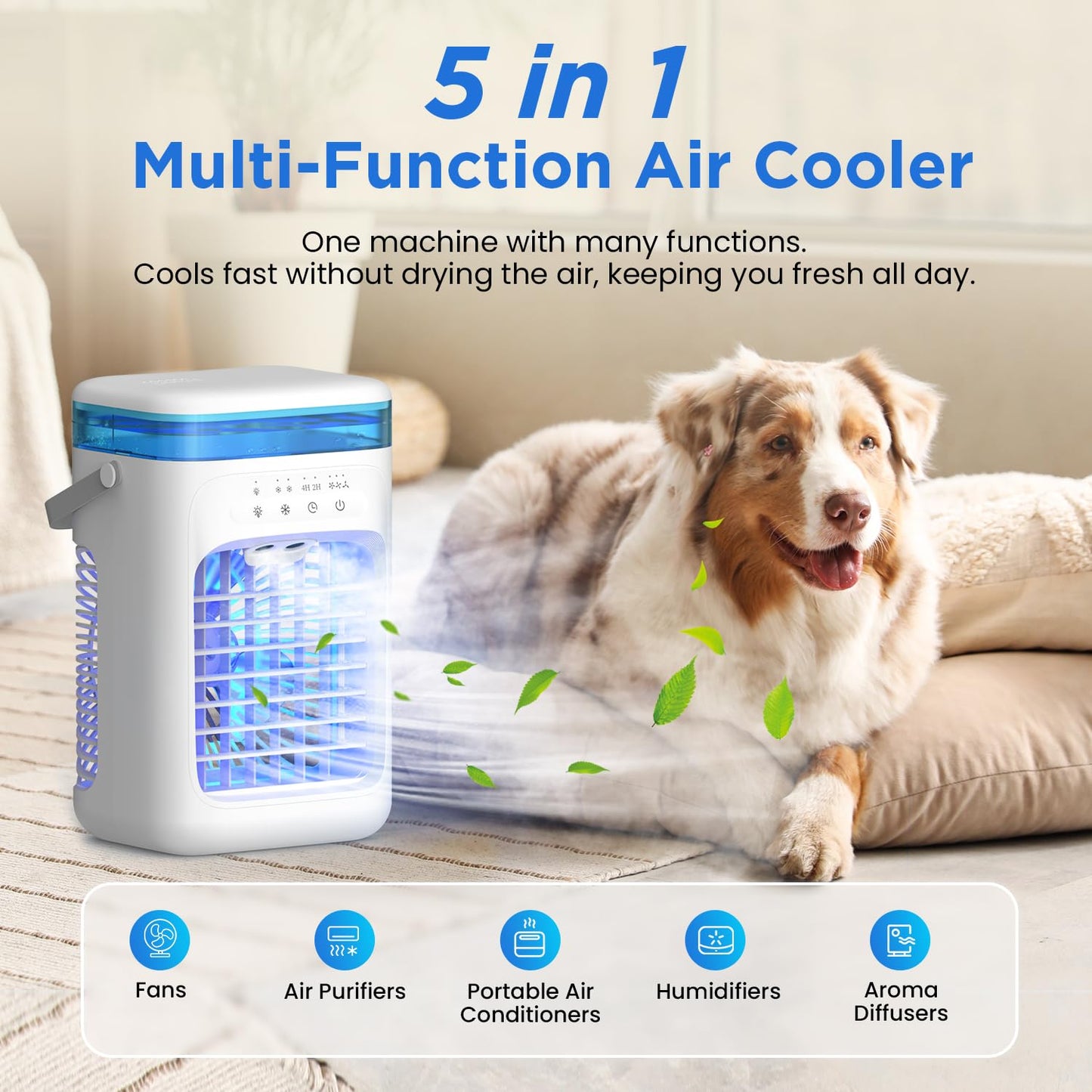 AIMIUVEI Mini Portable Air Conditioner 5-in-1 Air Cooler with 1000ml Tank, 3 Speeds, Dual Mist Modes, 2-4 Hour Timer, 7-Color LED Fan Cooler – Ideal for Bedroom and Office