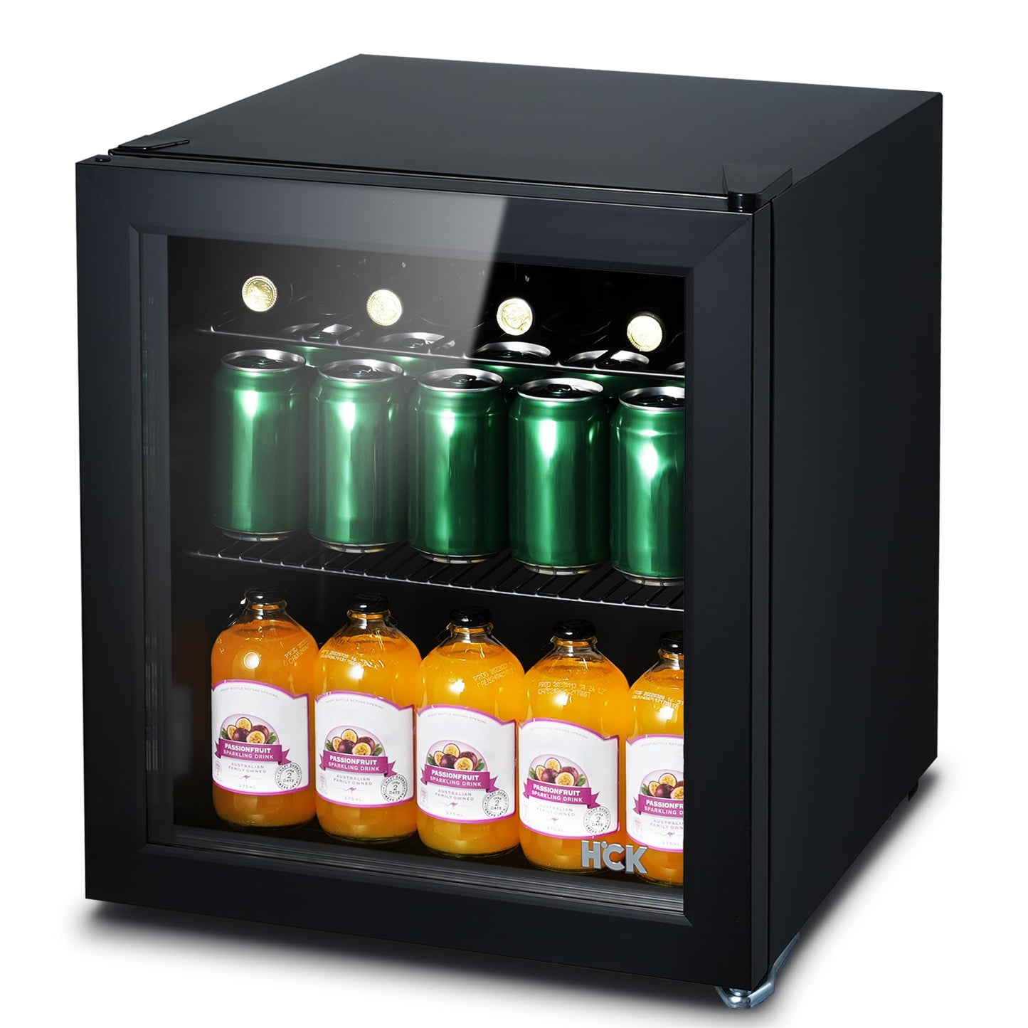Mini Nevera HCK 42L con Puerta de Vidrio – Capacidad para 48 Latas, Temperatura Ajustable 0-15°C – Refrigerador Silencioso y Compacto para Oficina, Bar, Sala de Estar y Uso Exterior – Negro