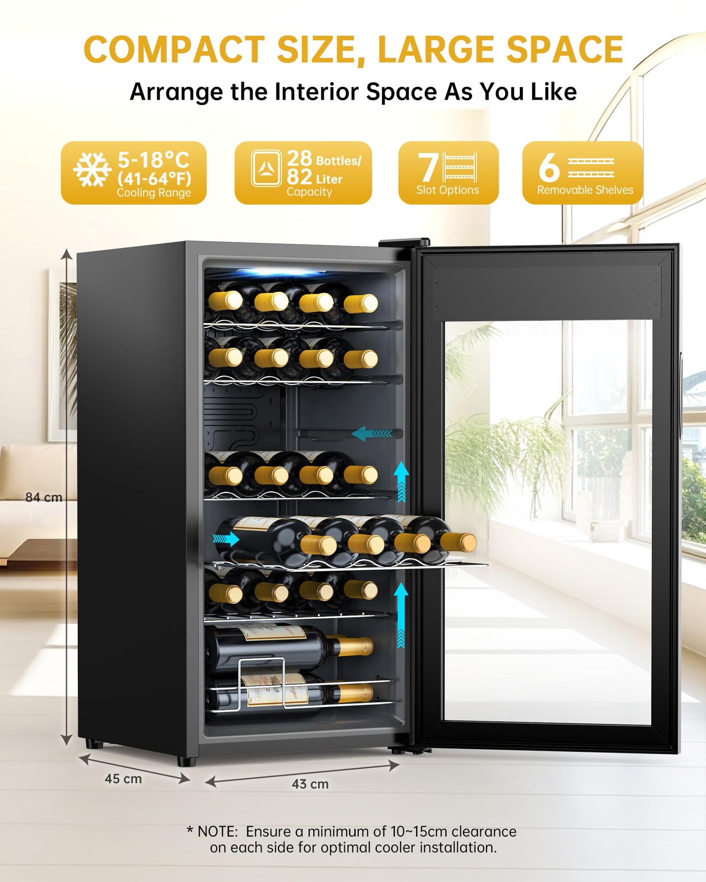 Vinoteca WIE 82L – Nevera para Vinos de 28 Botellas con Control Táctil, Protección UV, Iluminación LED y Temperatura Regulable 5–18 °C – Refrigerador Silencioso para Vino Tinto, Blanco y Cerveza – Negro