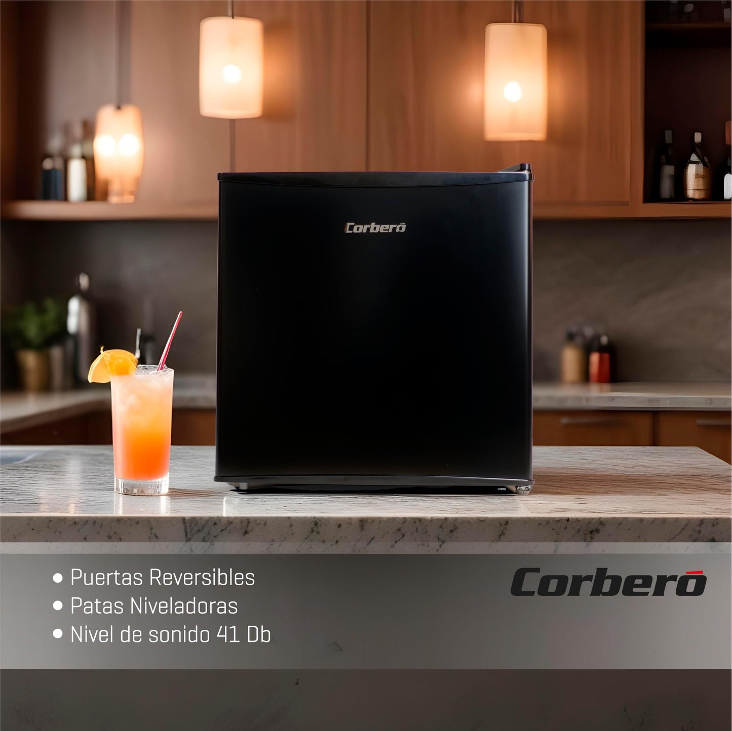 Minibar Corberó 43L – Puerta Reversible, Rango de Temperatura 1-10 °C, Estantes de Plástico, Bajo Ruido, Clase Energética E – Negro