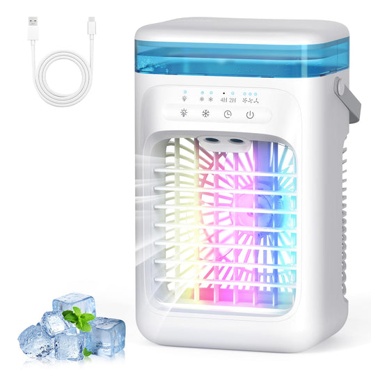 SWGOTA Mini Portable Air Conditioner – 5-in-1 Small Air Cooler with 1000ml Tank, 3 Speeds, Dual Mist Modes, 2-4 Hour Timer, 7 LED Lights, Fan Cooler for Bedroom and Office