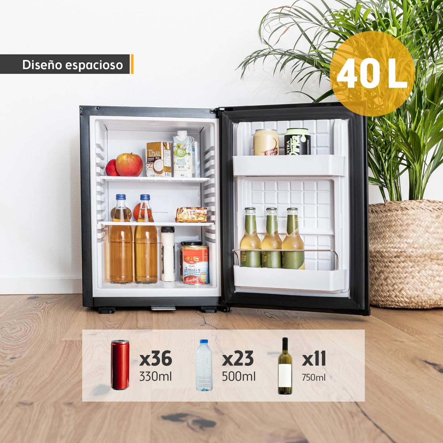 Mini Nevera TZS First Austria 40L – Totalmente Silenciosa, con Cerradura, Puerta Reversible e Iluminación Interior – Ideal para Dormitorio, Oficina, Camping y Hotel – Color Negro