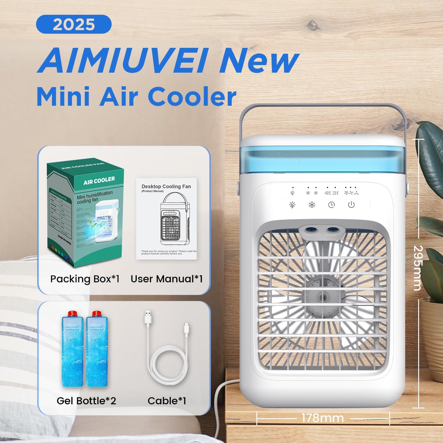 AIMIUVEI Mini Portable Air Conditioner 5-in-1 Air Cooler with 1000ml Tank, 3 Speeds, Dual Mist Modes, 2-4 Hour Timer, 7-Color LED Fan Cooler – Ideal for Bedroom and Office