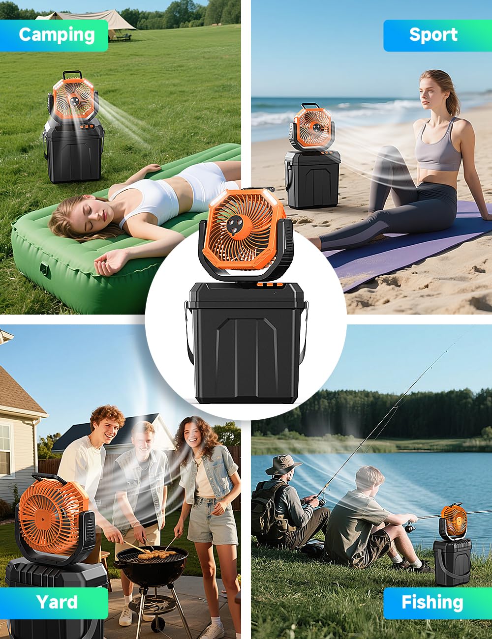 **Aire Acondicionado Portátil 5 en 1** – Enfriador de aire con tanque de agua de 6 L, batería recargable de 20.000 mAh vía USB, 4 velocidades de viento, oscilación automática y funcionamiento silencioso. Ideal para uso interior y exterior.