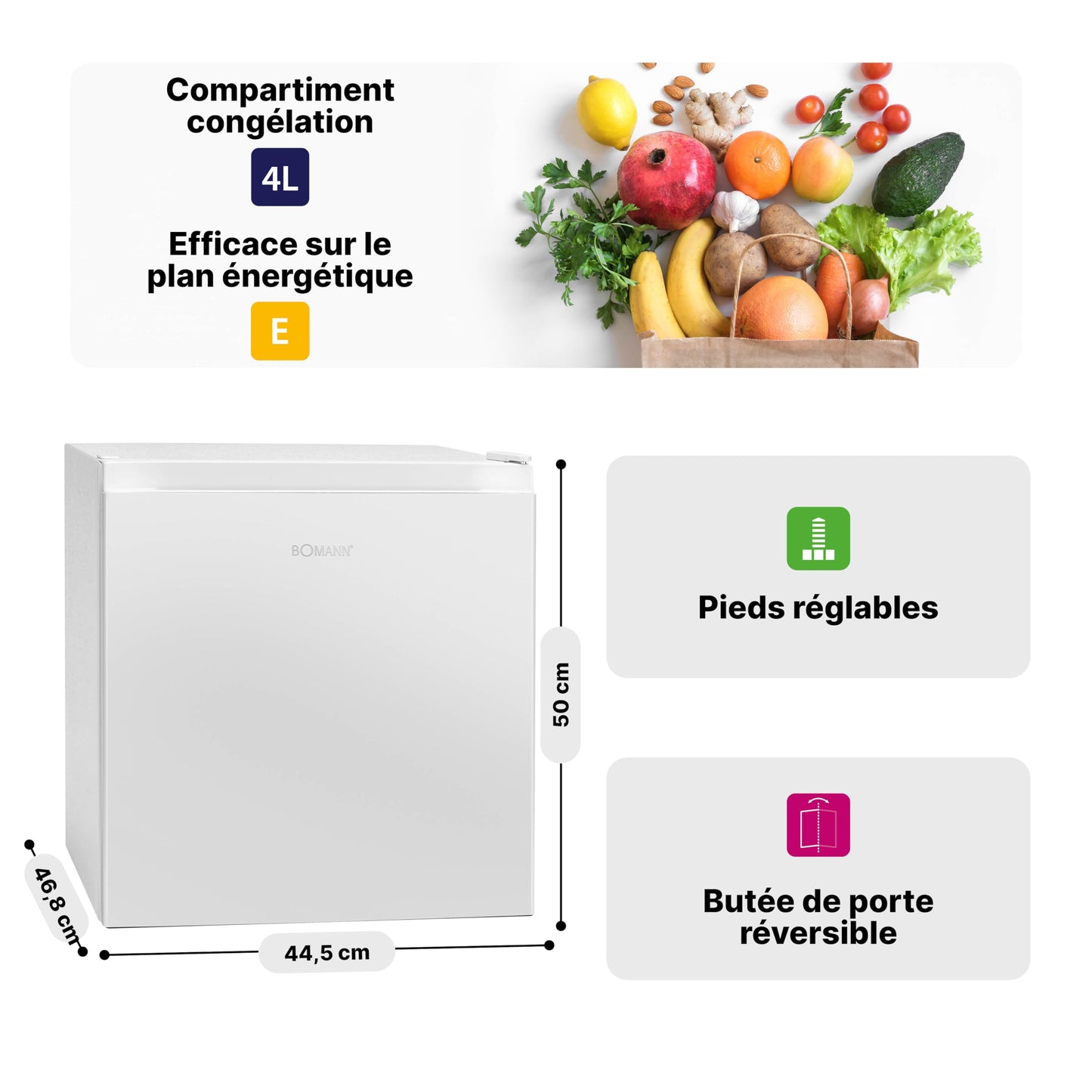 Mini Frigorífico Bomann KB7245 45L Blanco – Congelador 4L, Puerta Reversible, Silencioso, Regulador Temperatura, Clase E