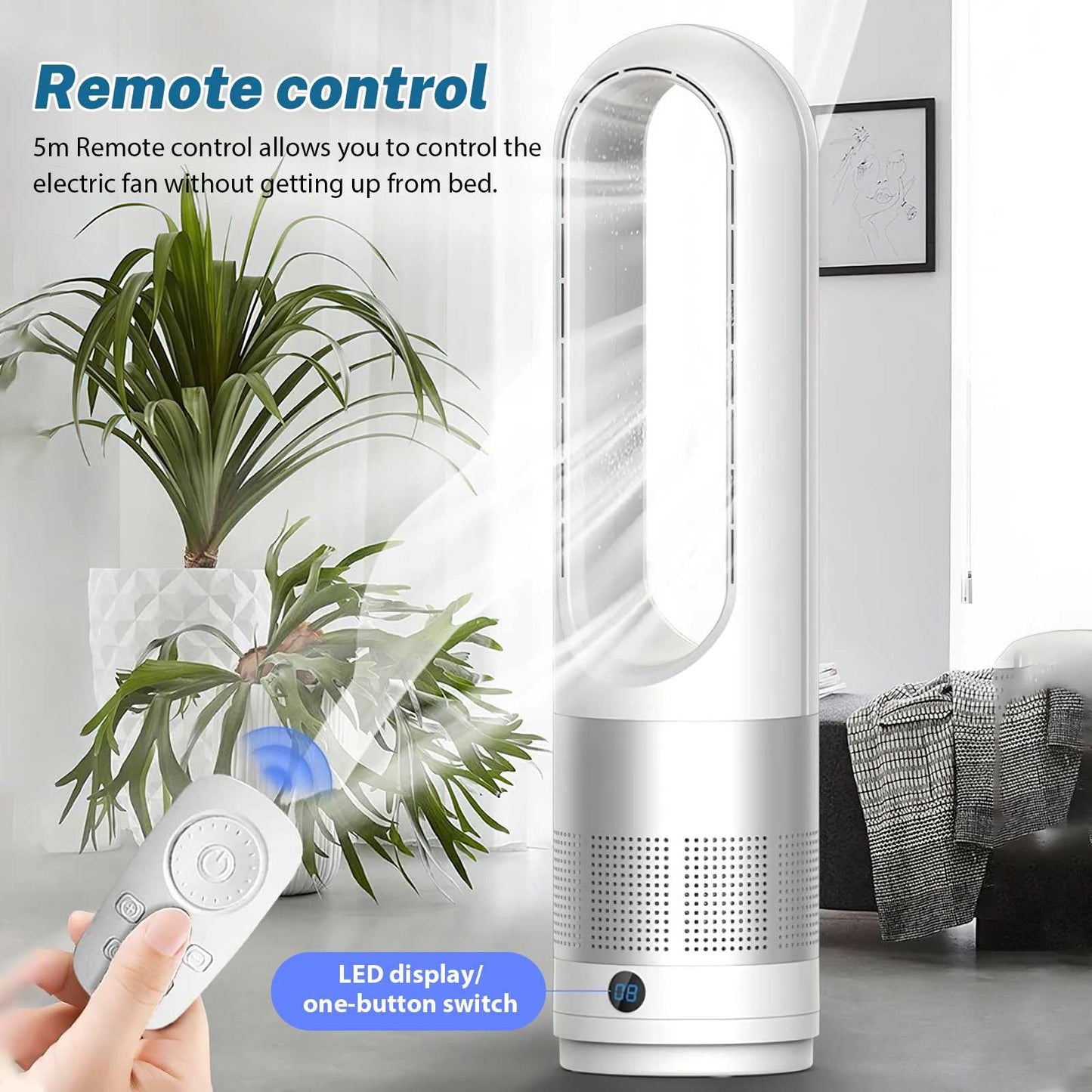 Bladeless Tower Fan with Air Purifier, 18-inch Quiet Tower Fan with Remote Control, 8 Speeds, 80° Oscillation, 8-Hour Timer, LED Display – White