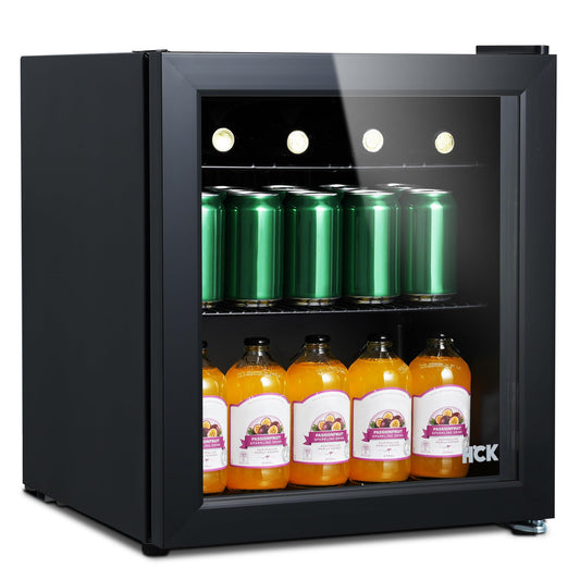 Mini Nevera HCK 42L con Puerta de Vidrio – Capacidad para 48 Latas, Temperatura Ajustable 0-15°C – Refrigerador Silencioso y Compacto para Oficina, Bar, Sala de Estar y Uso Exterior – Negro