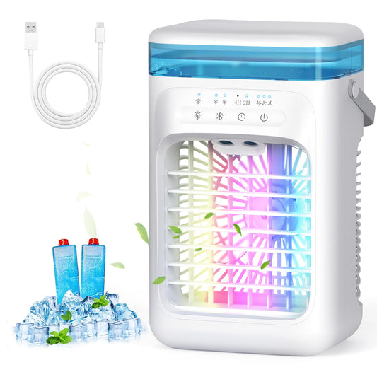 AIMIUVEI Mini Portable Air Conditioner 5-in-1 Air Cooler with 1000ml Tank, 3 Speeds, Dual Mist Modes, 2-4 Hour Timer, 7-Color LED Fan Cooler – Ideal for Bedroom and Office