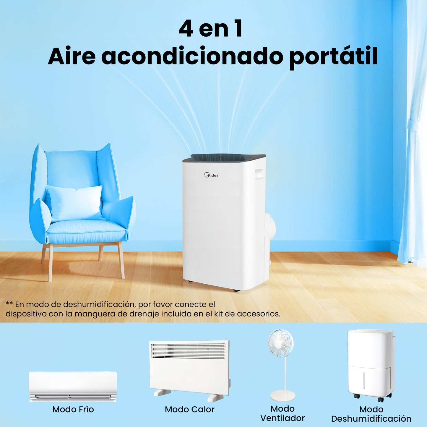 MIDEA Pingüino Portable Air Conditioner with Heating – 12,000 BTU / 3000 Cooling Capacity, Silent Operation, 3500W Heat Pump, 4 Modes, Includes Window Kit and Remote Control