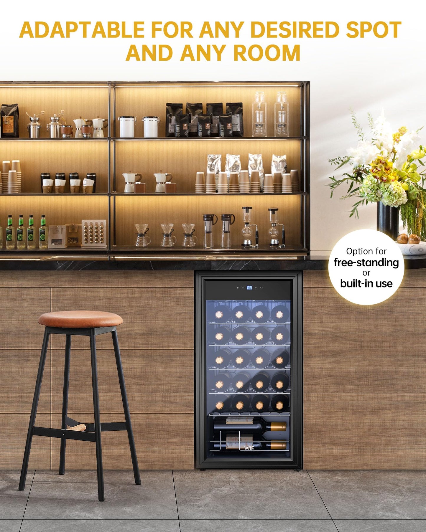 Vinoteca WIE 82L – Nevera para Vinos de 28 Botellas con Control Táctil, Protección UV, Iluminación LED y Temperatura Regulable 5–18 °C – Refrigerador Silencioso para Vino Tinto, Blanco y Cerveza – Negro