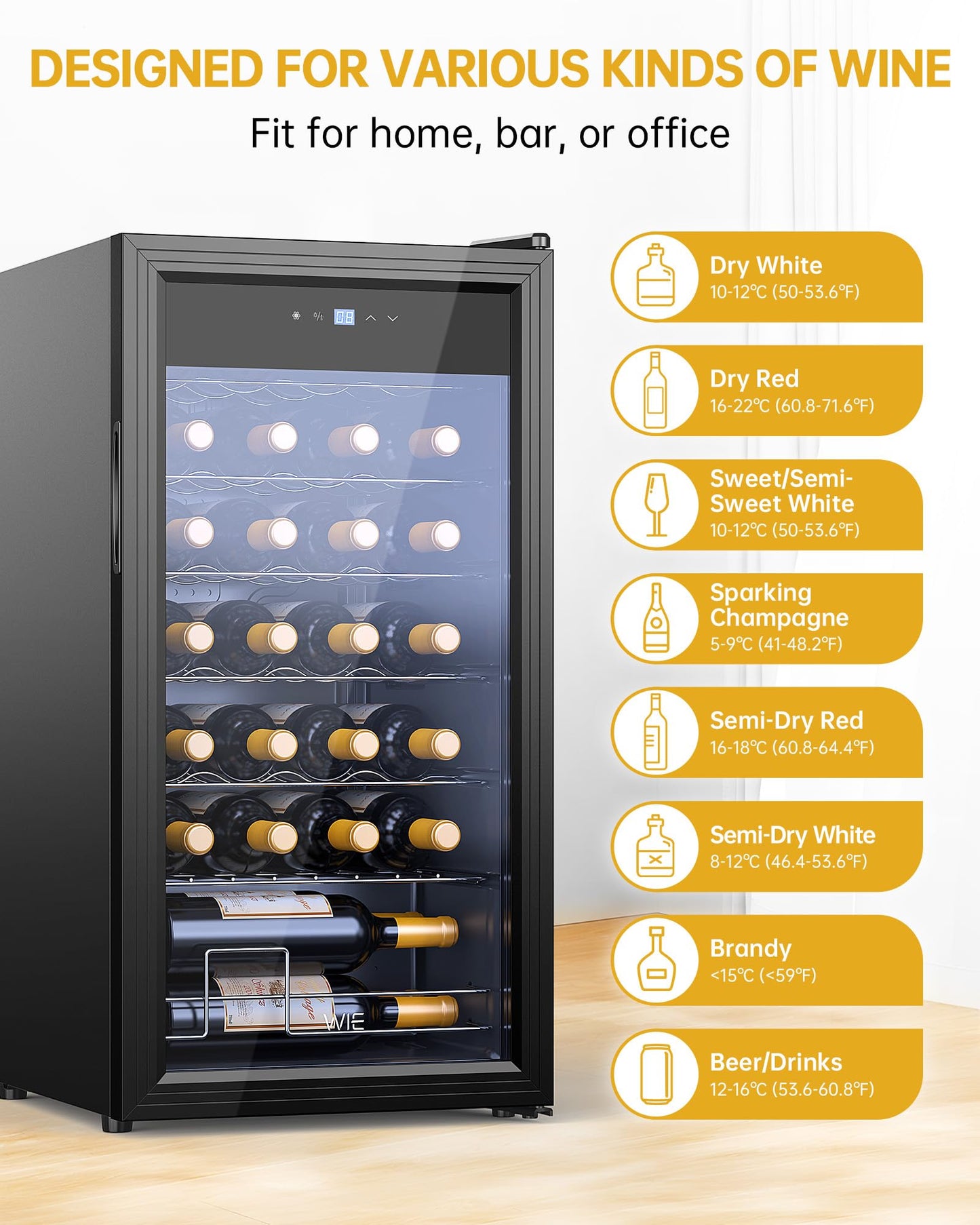 Vinoteca WIE 82L – Nevera para Vinos de 28 Botellas con Control Táctil, Protección UV, Iluminación LED y Temperatura Regulable 5–18 °C – Refrigerador Silencioso para Vino Tinto, Blanco y Cerveza – Negro