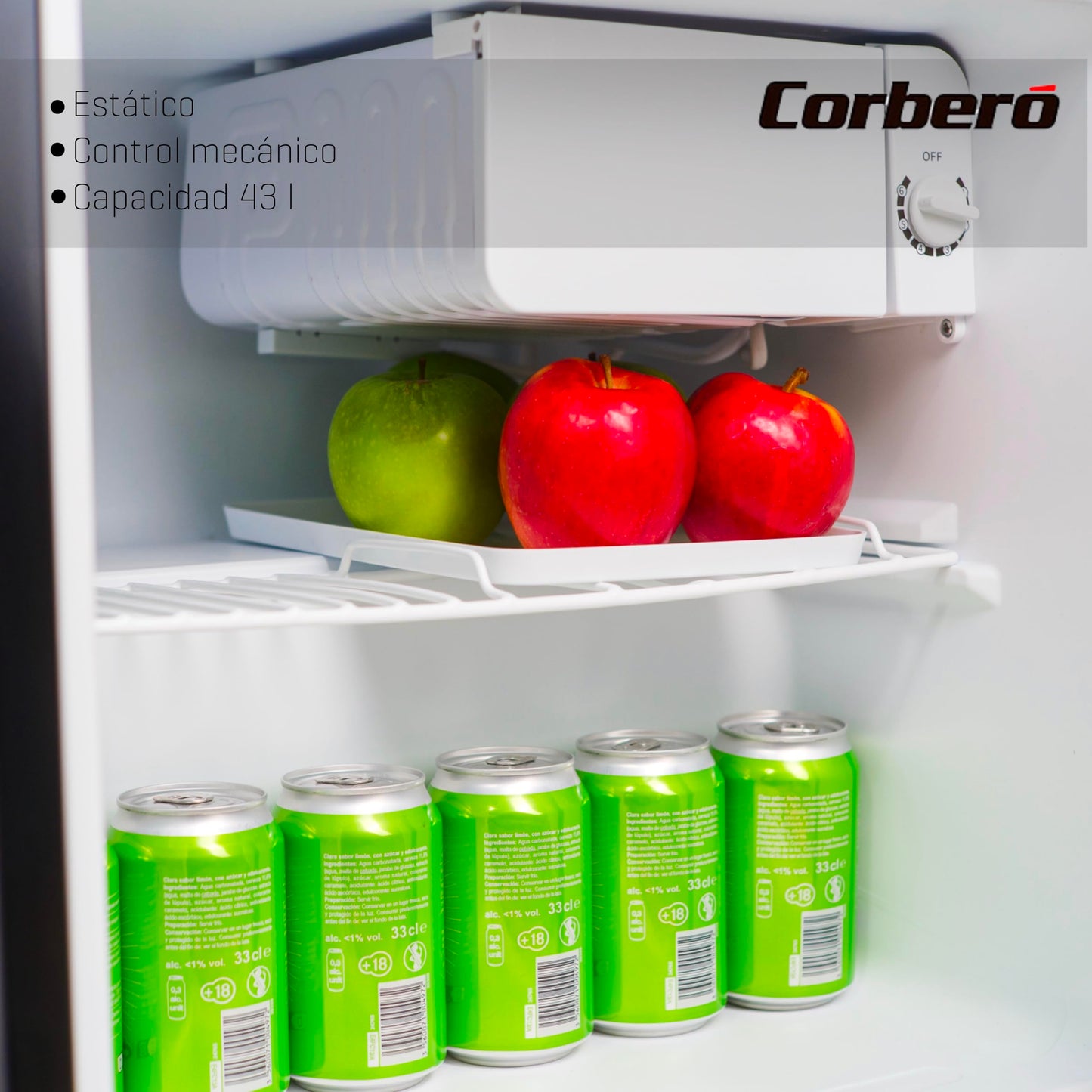 Minibar Corberó 43L – Puerta Reversible, Rango de Temperatura 1-10 °C, Estantes de Plástico, Bajo Ruido, Clase Energética E – Negro