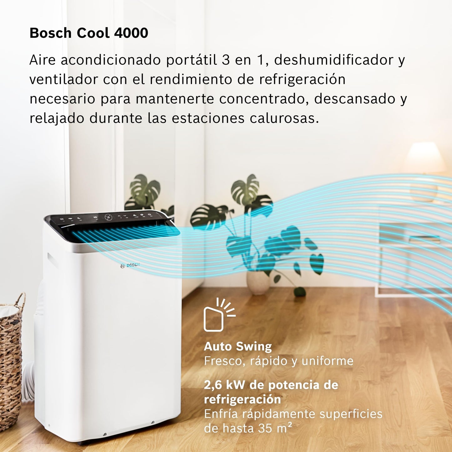 Bosch Cool 4000 AC Portátil 3 en 1 – Aire Acondicionado, Deshumidificador y Ventilador, 2,6 kW, Cobertura hasta 35 m², Modo Automático, Silencioso y Función Sleep