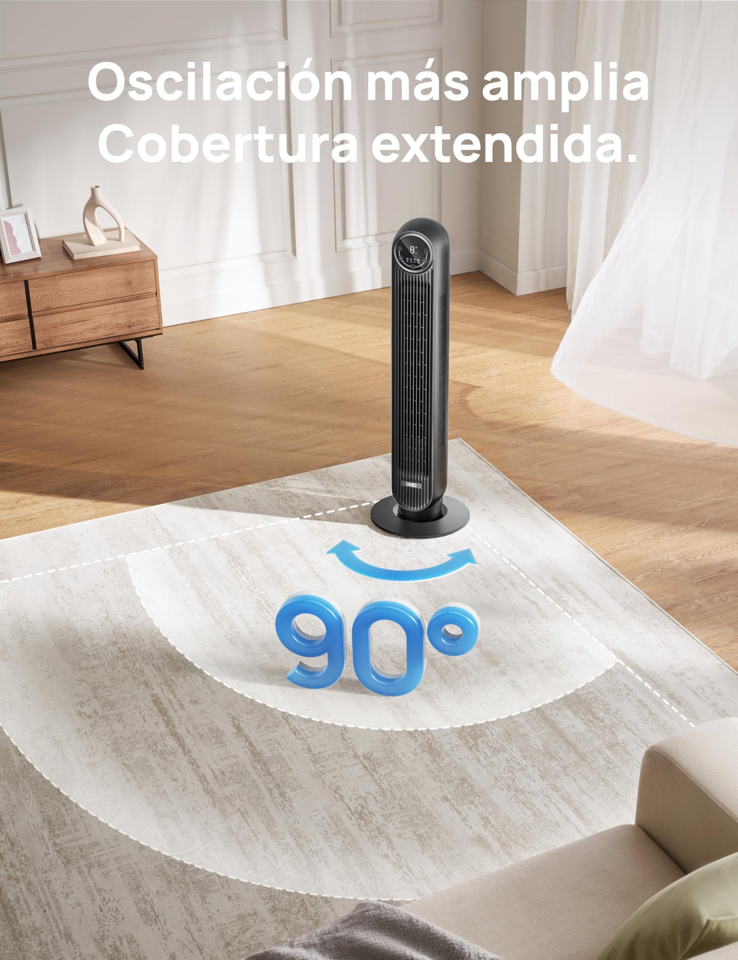 Dreo 20dB Ventilador de Pie Silencioso, Ventilador de Torre con Velocidad de 7,6 m/s, 4 Velocidades, Rotación de 90°, Temporizador de 8 Horas, Pantalla LED y Mando a Distancia Incluido, Negro