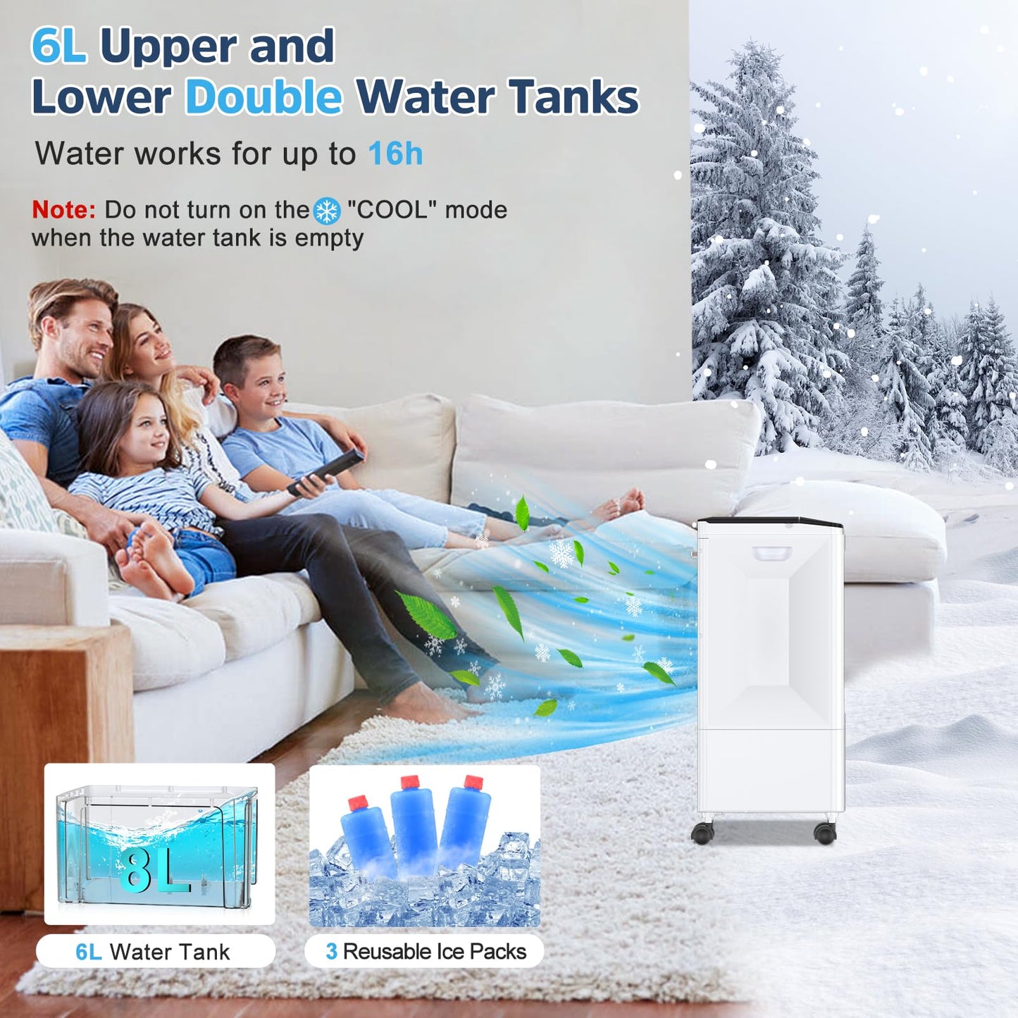 Eysddifr Portable Air Conditioner with 6L Tank – Large Mobile Air Cooler, Silent Evaporative Cooler, 1-7 Hour Timer, 2 Modes, 3 Speeds, Remote Control, Oscillation for Home
