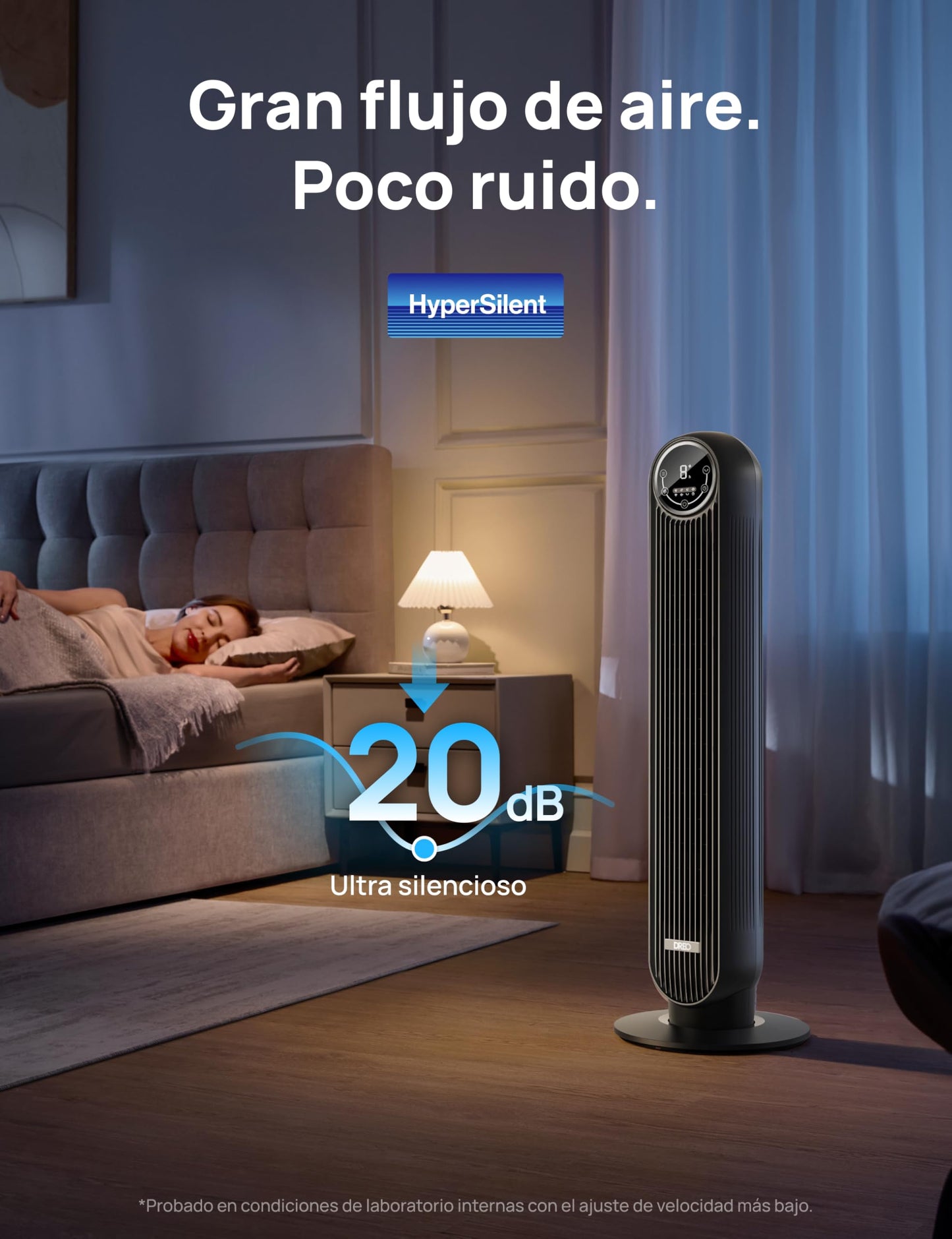 Dreo 20dB Ventilador de Pie Silencioso, Ventilador de Torre con Velocidad de 7,6 m/s, 4 Velocidades, Rotación de 90°, Temporizador de 8 Horas, Pantalla LED y Mando a Distancia Incluido, Negro