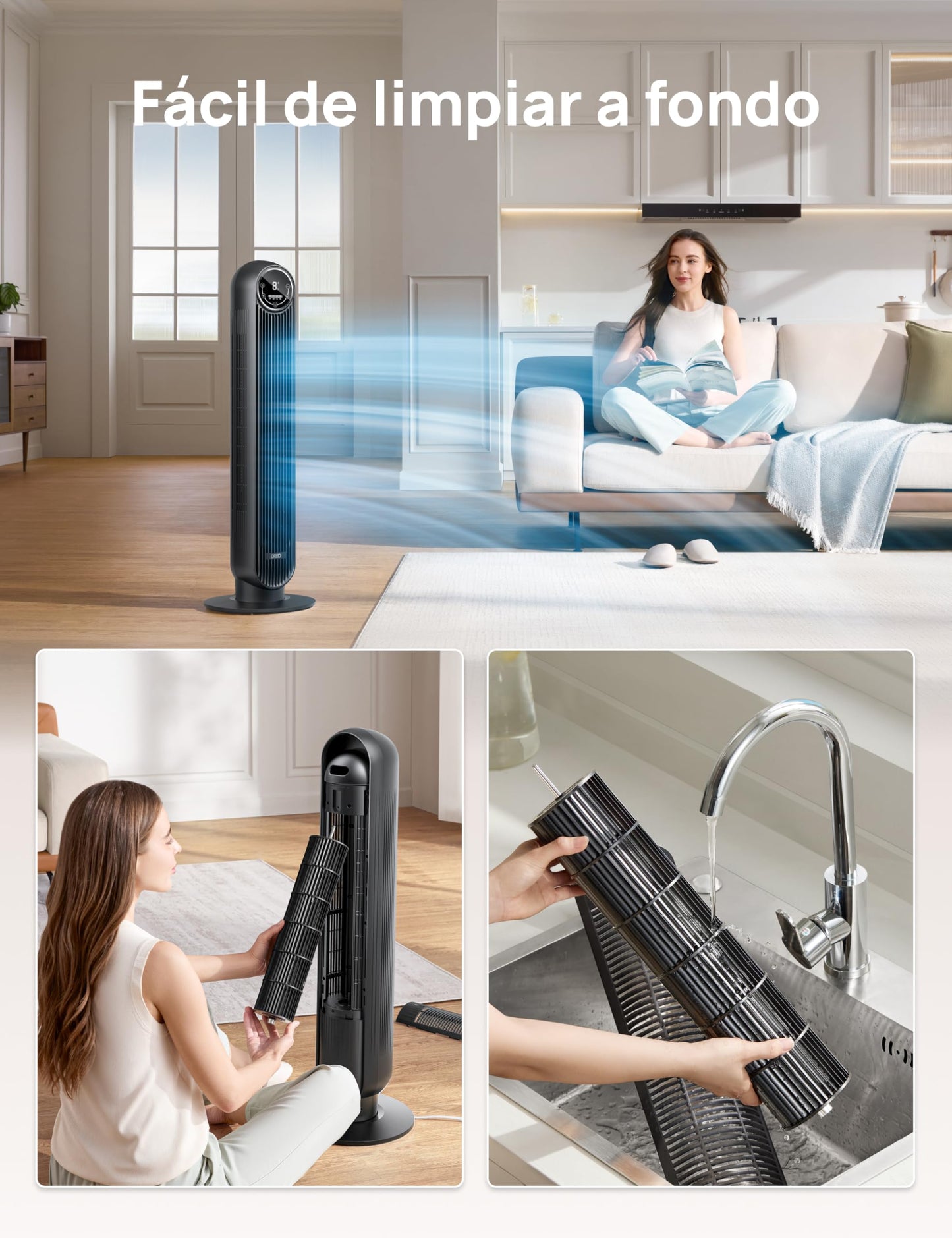 Dreo 20dB Ventilador de Pie Silencioso, Ventilador de Torre con Velocidad de 7,6 m/s, 4 Velocidades, Rotación de 90°, Temporizador de 8 Horas, Pantalla LED y Mando a Distancia Incluido, Negro