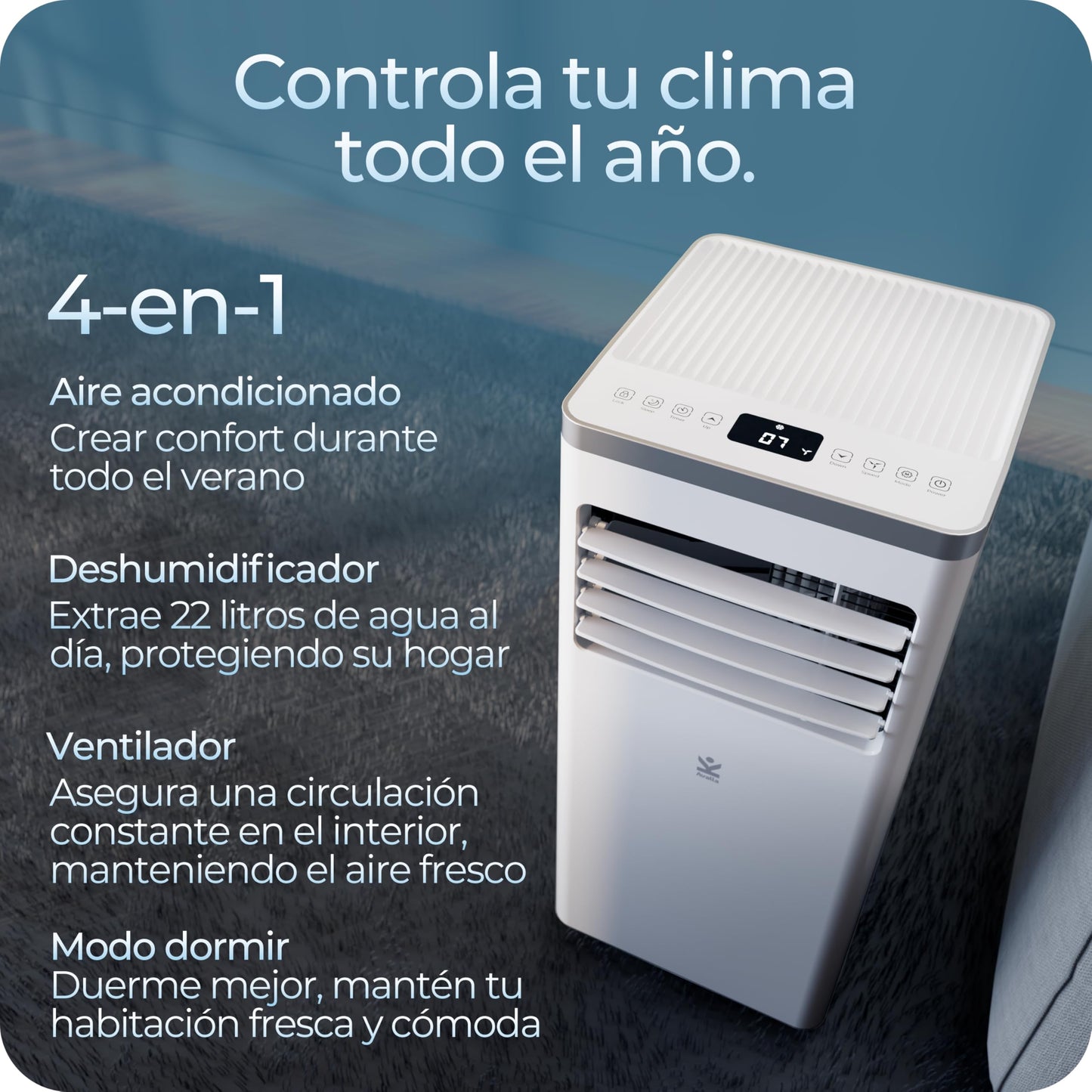 Avalla S-150 Aire Acondicionado Portátil 4 en 1 - 8,000 BTU con Deshumidificador, Ventilador y Modo Sueño para Espacios de Hasta 80 m³