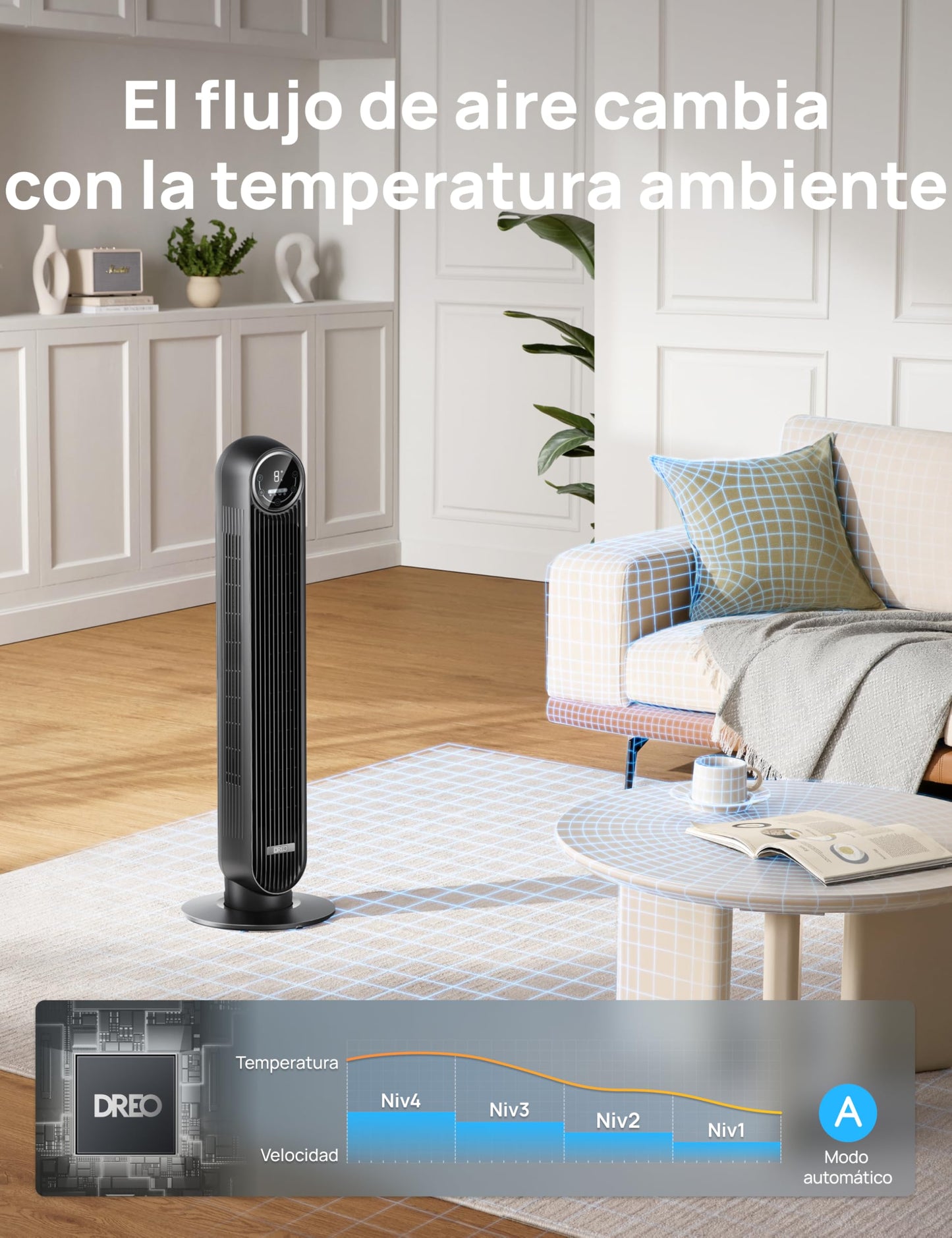 Dreo 20dB Ventilador de Pie Silencioso, Ventilador de Torre con Velocidad de 7,6 m/s, 4 Velocidades, Rotación de 90°, Temporizador de 8 Horas, Pantalla LED y Mando a Distancia Incluido, Negro
