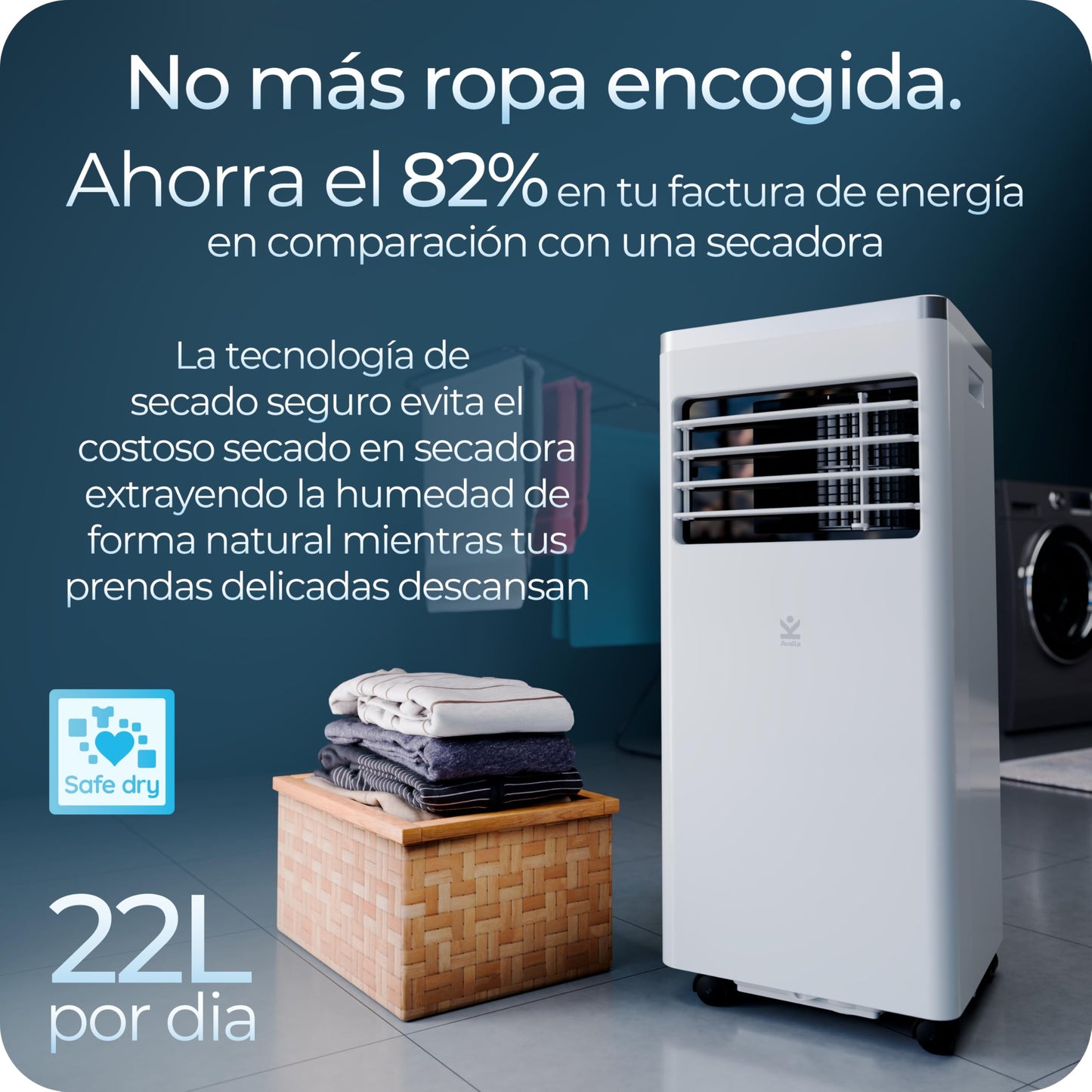 Avalla S-150 Aire Acondicionado Portátil 4 en 1 - 8,000 BTU con Deshumidificador, Ventilador y Modo Sueño para Espacios de Hasta 80 m³