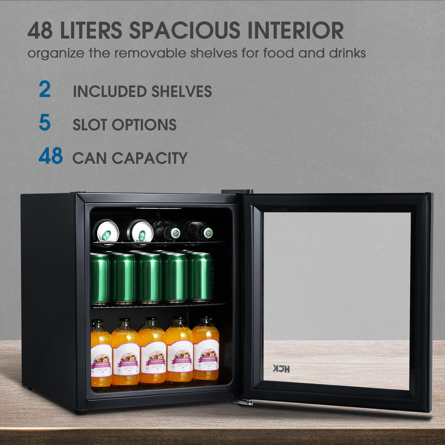 Mini Nevera HCK 42L con Puerta de Vidrio – Capacidad para 48 Latas, Temperatura Ajustable 0-15°C – Refrigerador Silencioso y Compacto para Oficina, Bar, Sala de Estar y Uso Exterior – Negro