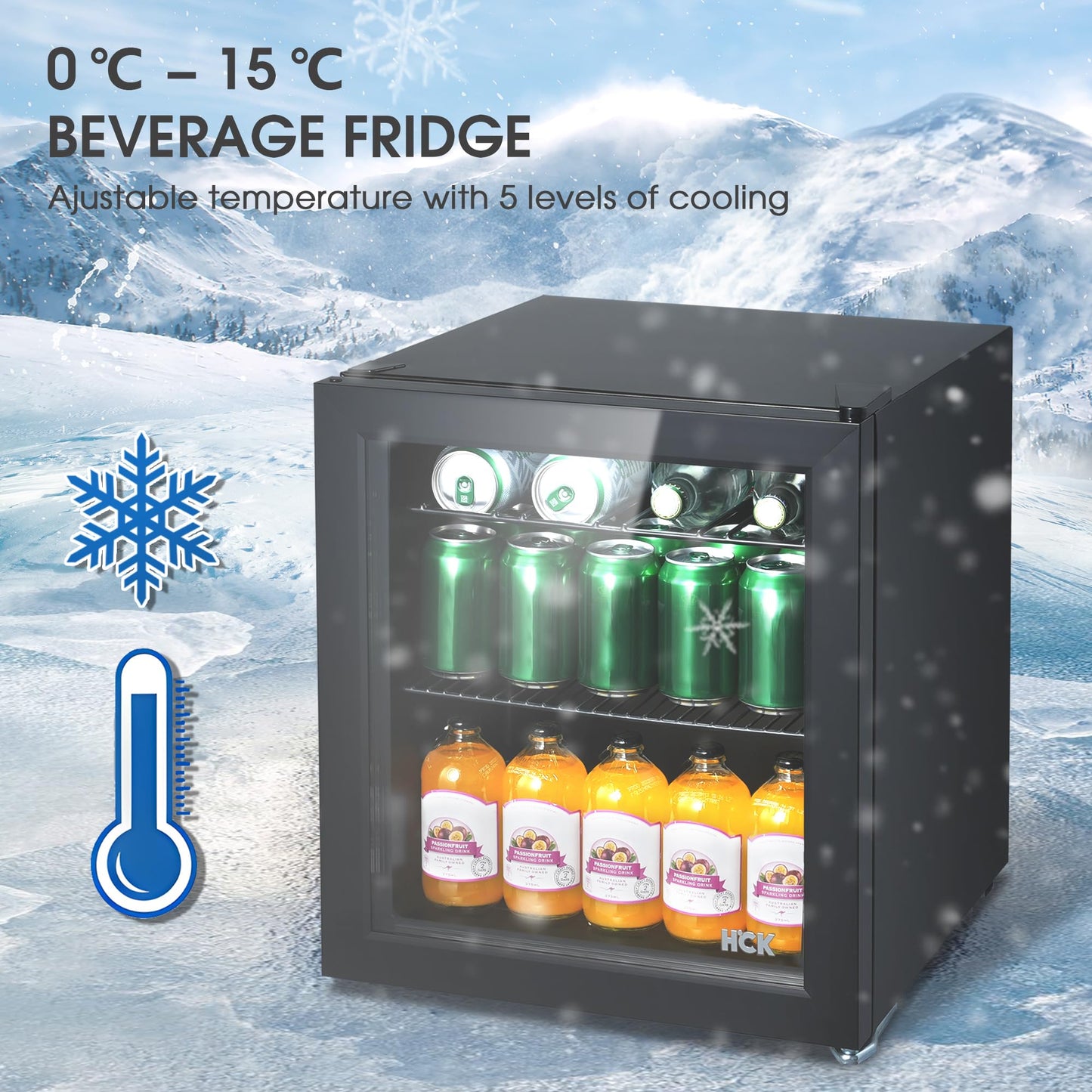 Mini Nevera HCK 42L con Puerta de Vidrio – Capacidad para 48 Latas, Temperatura Ajustable 0-15°C – Refrigerador Silencioso y Compacto para Oficina, Bar, Sala de Estar y Uso Exterior – Negro