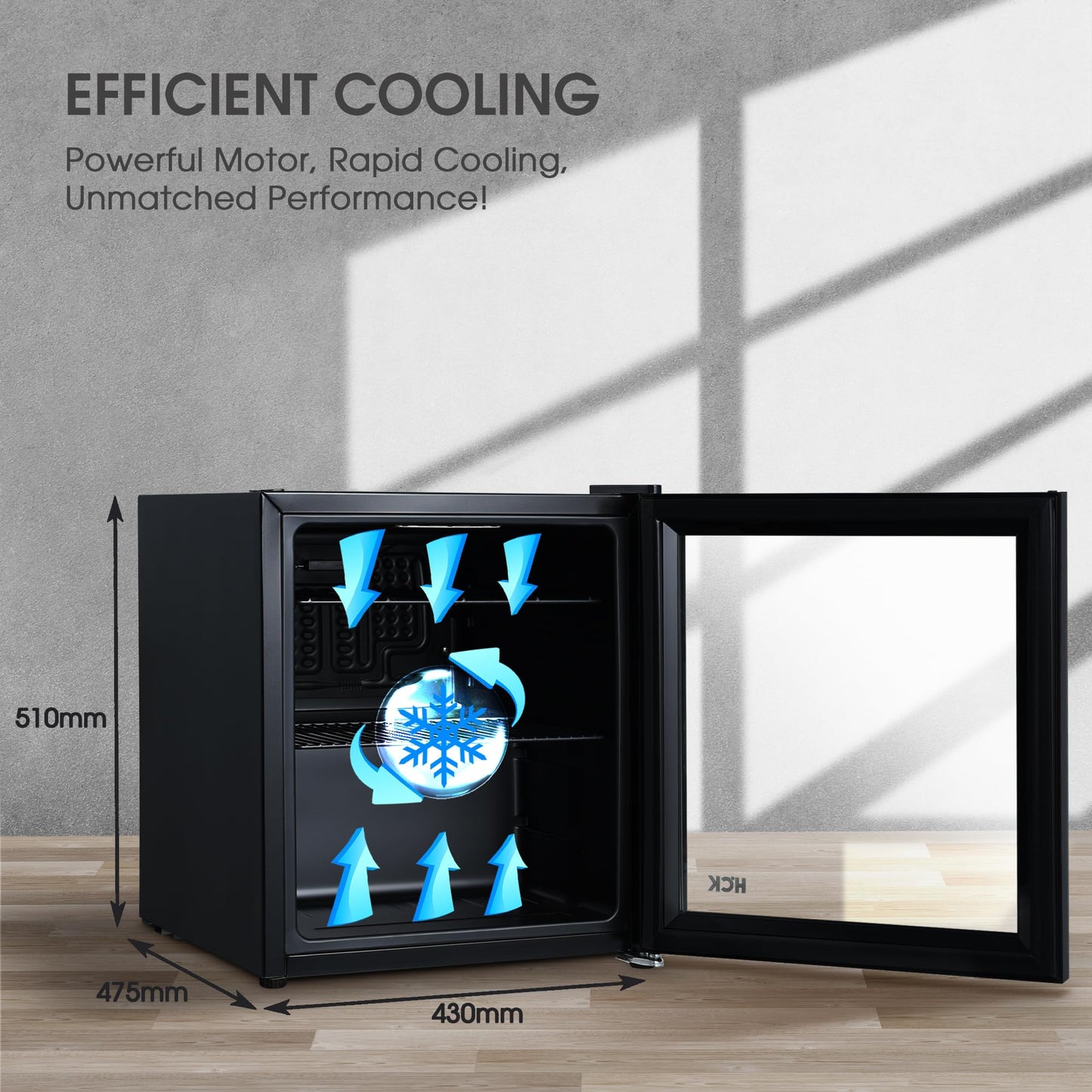 Mini Nevera HCK 42L con Puerta de Vidrio – Capacidad para 48 Latas, Temperatura Ajustable 0-15°C – Refrigerador Silencioso y Compacto para Oficina, Bar, Sala de Estar y Uso Exterior – Negro